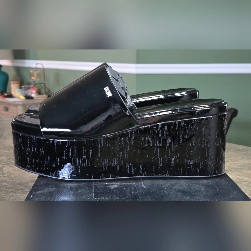 DKNY Glossy Black Adalira Platform Wedge Slides #1225